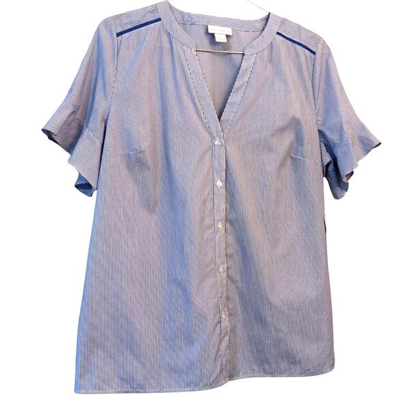 NEW LIZ CLAIBORNE Cotton Blouse Top LG V-Neck Short Flutter Sleeves Blue Crochet - Picture 9 of 10